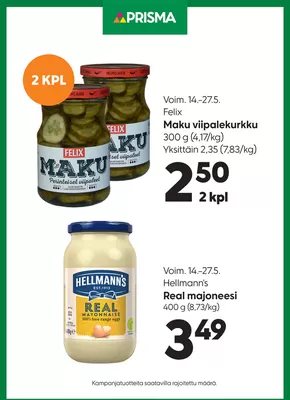 Prisma -luettelo | Prisma kurkut ja majoneesi 14.-27.5 | 2025-05-14T00:00:00.000Z - 2025-05-27T00:00:00.000Z