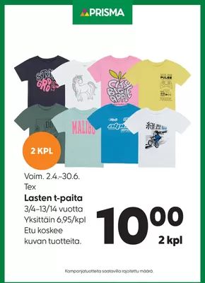 Prisma -luettelo | Prisma Tex lasten t-paita 2.4.-30.6. | 2025-04-02T00:00:00.000Z - 2025-06-30T00:00:00.000Z