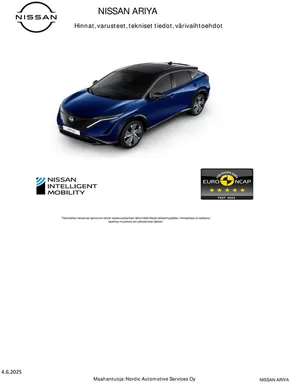 Nissan -luettelo | ARIYA Asiakashinnasto 04 06 2025 | 2025-06-04T00:00:00.000Z - 2025-12-31T00:00:00.000Z